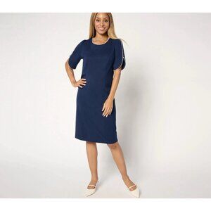 Susan Graver Regular Smart Ponte‎ Dress With Pearl Trim Size M Navy A672499